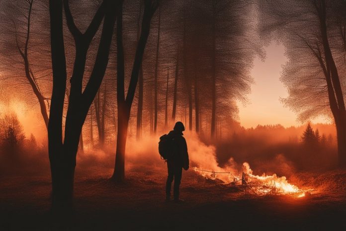arson pyromaniacs giving fire to forest at sunset, smoke and fire getting bigger and taller.