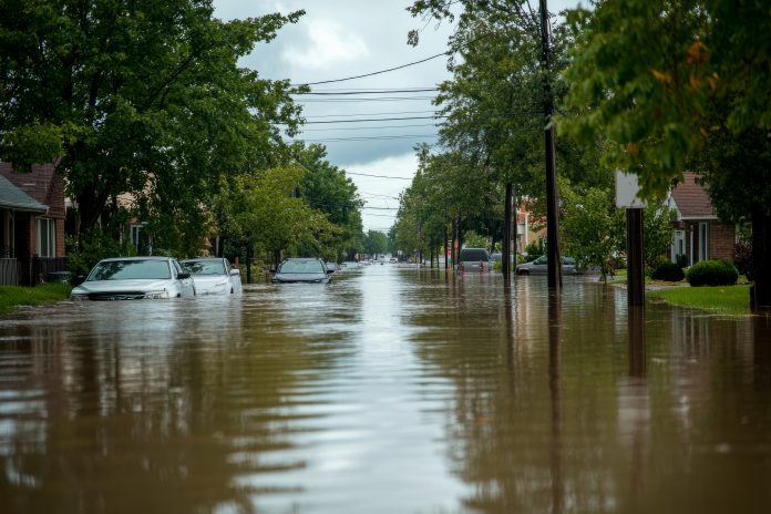 Flooded Urban Street with Submerged Cars