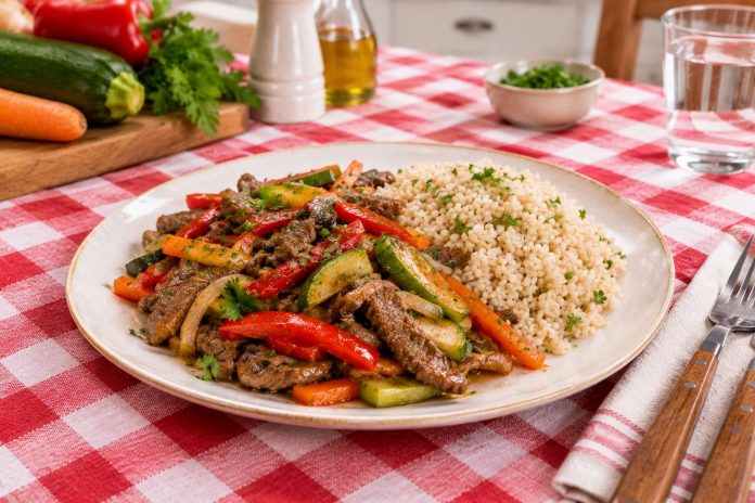 Salteado de posta rosada con verduras